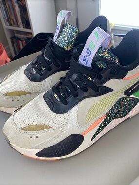 Puma Men's Cream Suede Sneakers with Black, Neon Speckle & Lime Accents